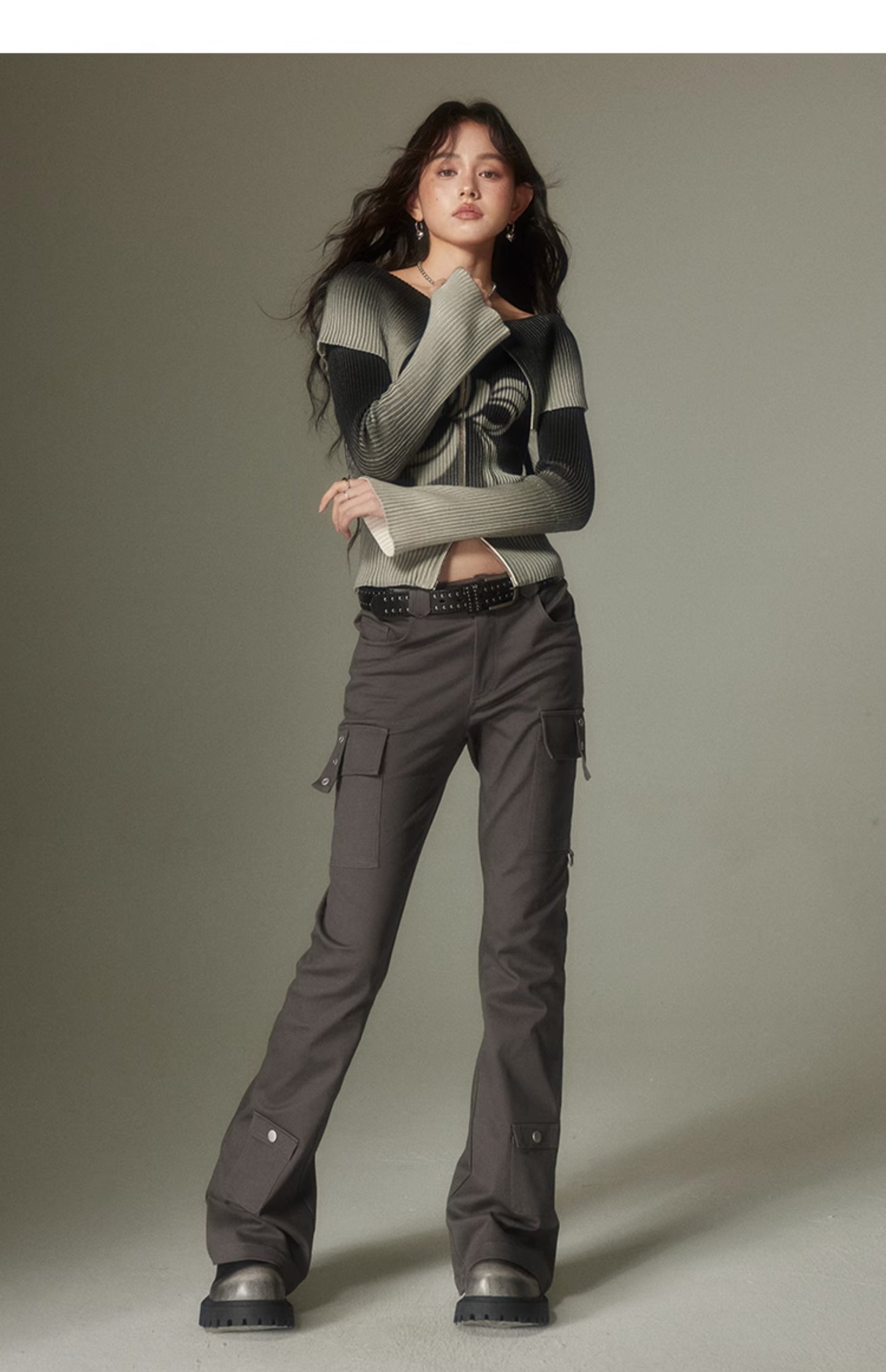 Slim Fit Multi Pocket Retro Flare Pants