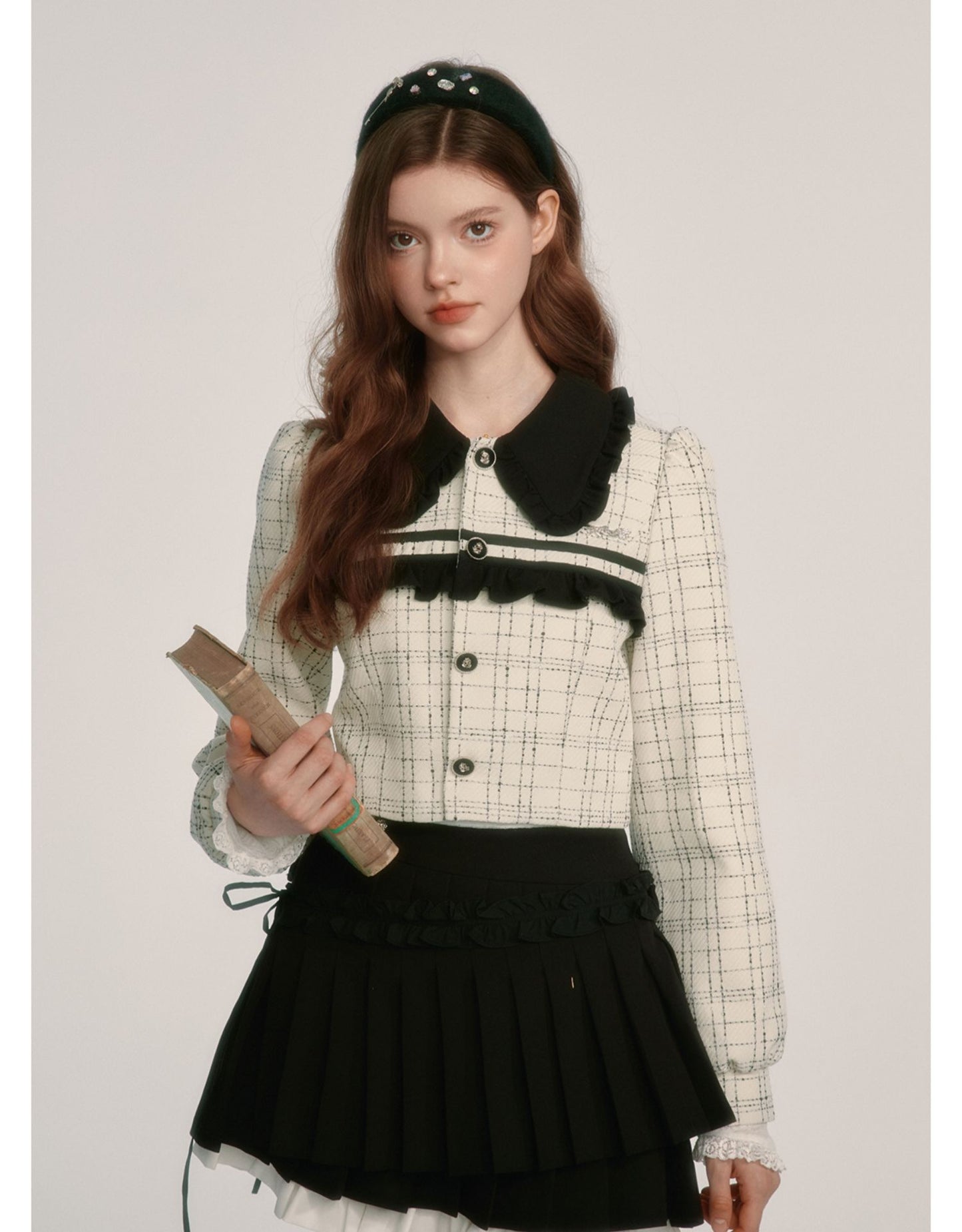 College Style Tweed Blouse & Pleated Skirt