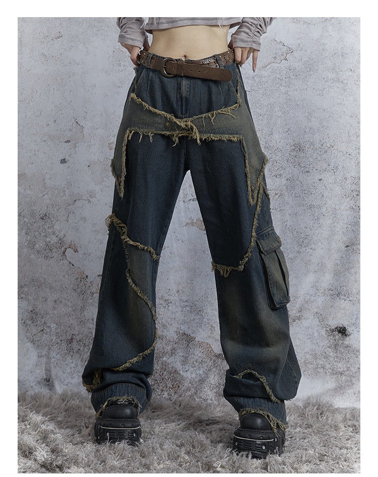 Washed Star Damaged Design Denim Pants