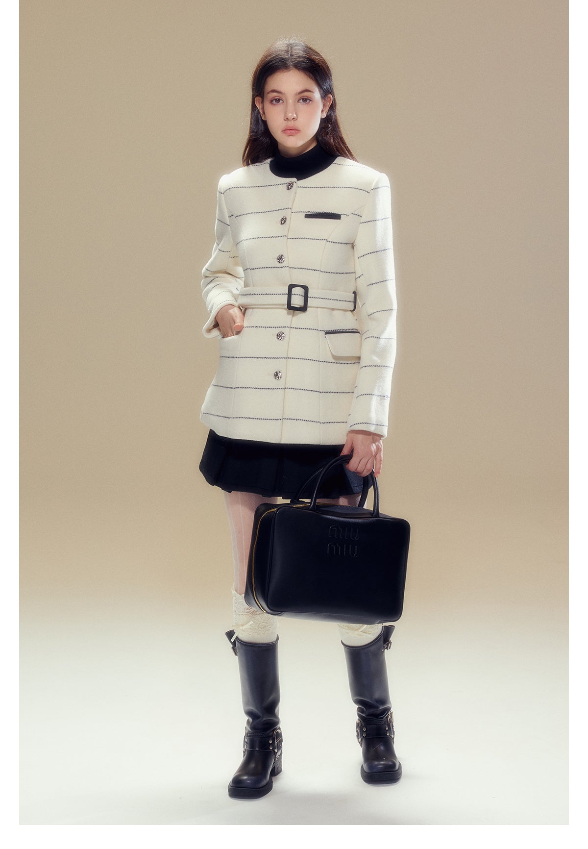 Short length striped collar fur wool coat