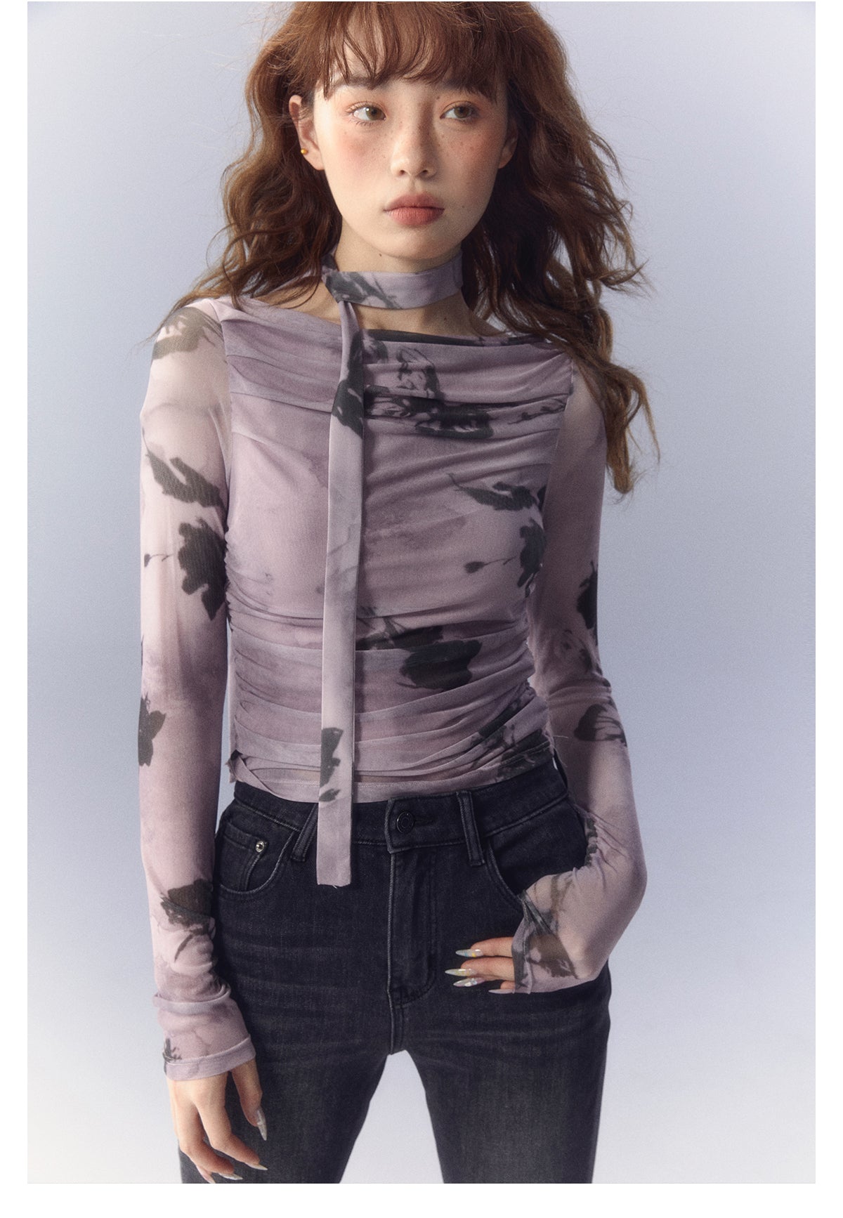 Purple Butterfly Rose Print Mesh Long-Sleeved T-Shirt