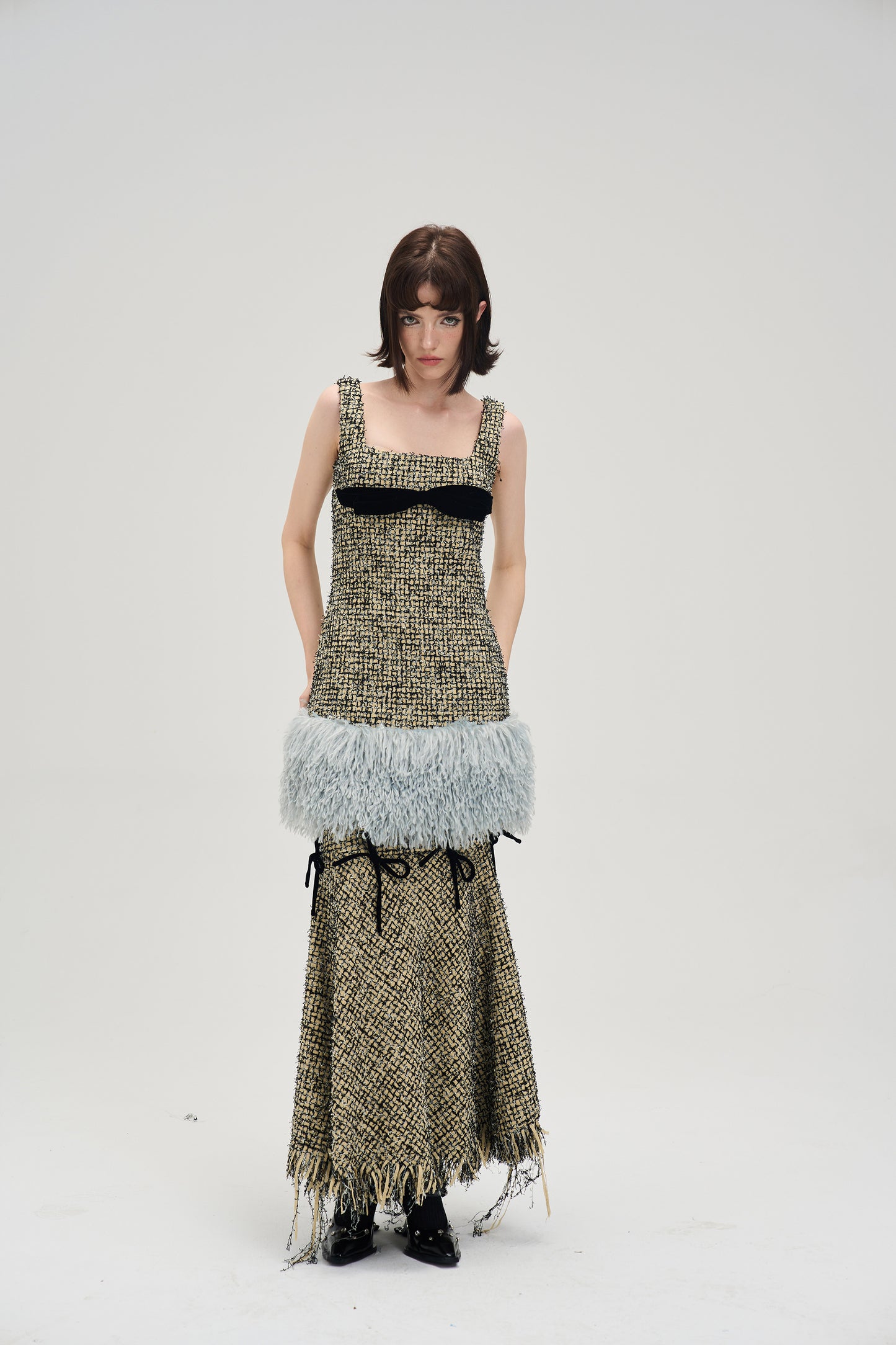 Square Neck Short Length Ribbon Tweed Fur Dress