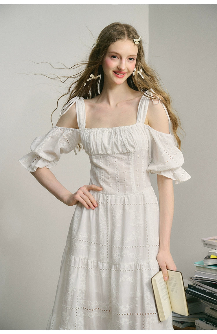 French Girly Embroidered Off-Shoulder Long Dress