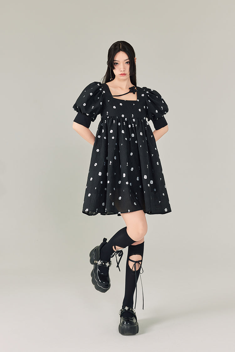 Square Neck Puff Sleeve Floral Pattern One-piece