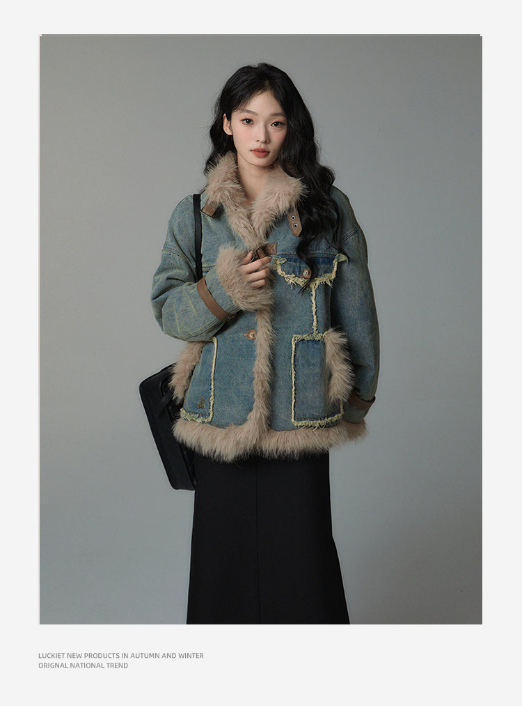 retro fur stitch denim coat