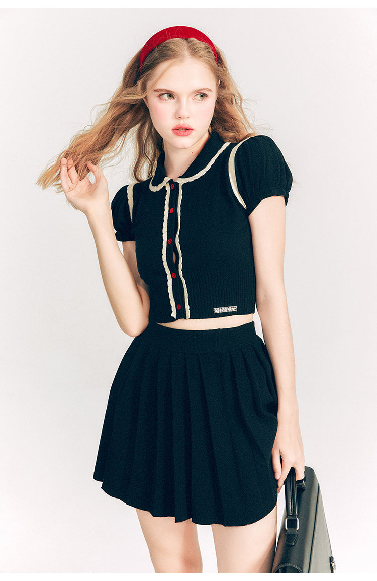 Puff Sleeve Short Length Knit & Pleated Short Length Skirt Setup