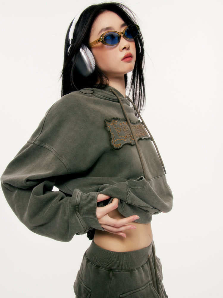 Embroidered Edge Loose Military Green Sweatshirt Setup