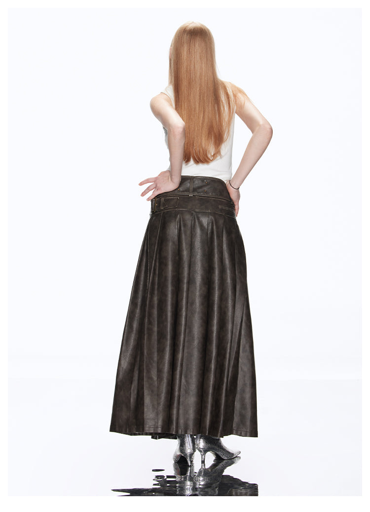 A-line Long Length Pleated Retro Leather Skirt