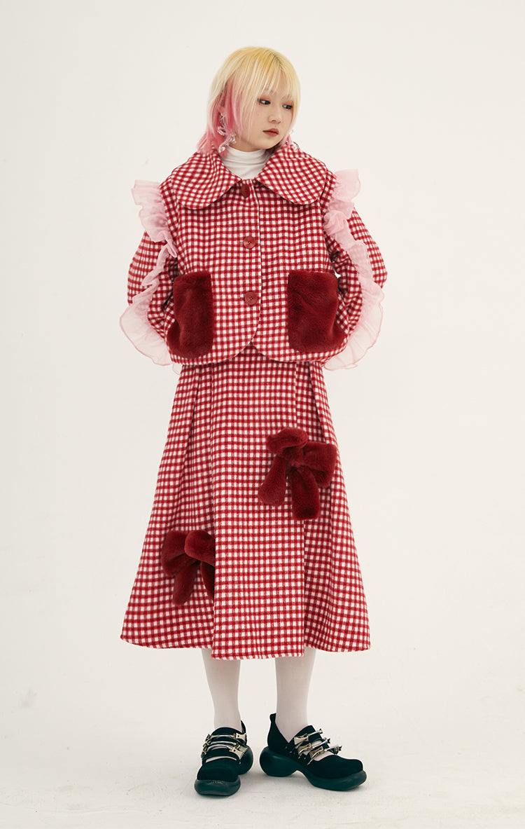 Girly Red Check Ruffle Jacket