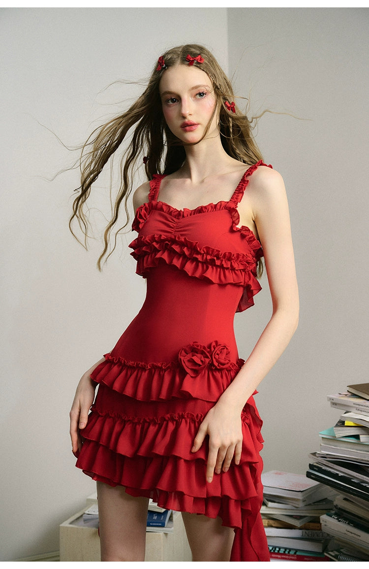 Relaxed French Red Suspender Dress