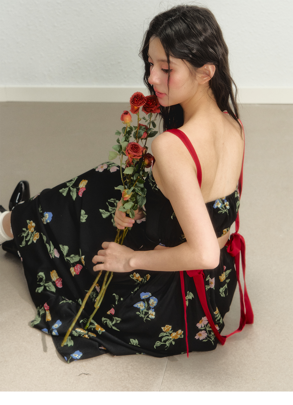 Floral Pattern Waist Suspender Skirt