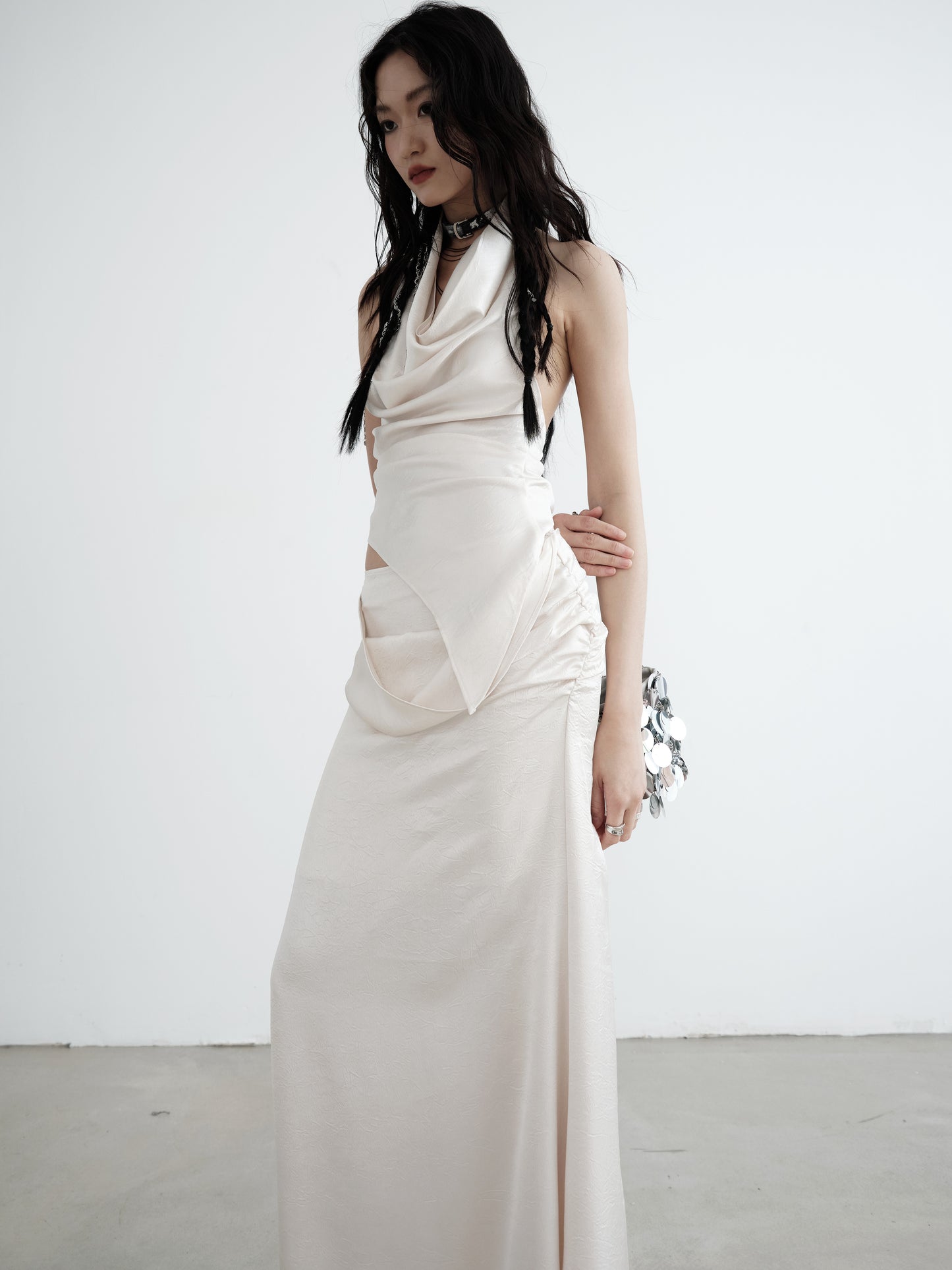 Pearl White Draped Vest and Long Skirt Set