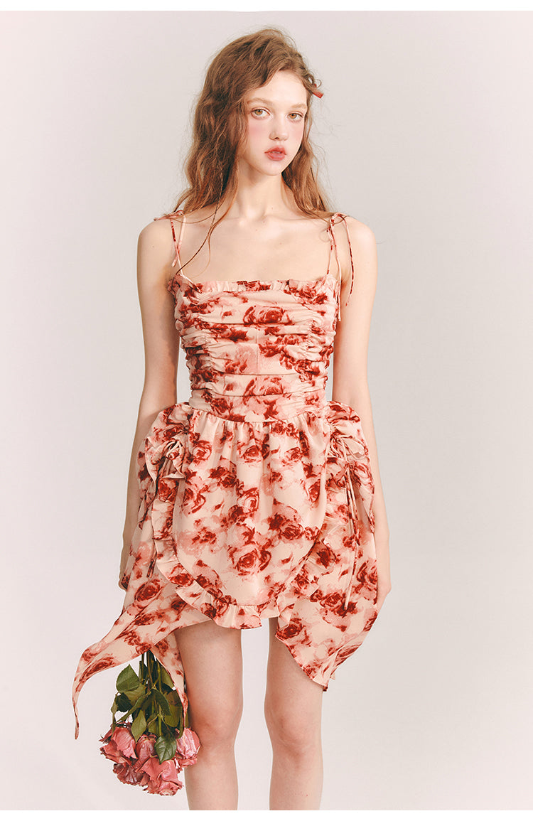 Rose Pattern Square Neck Short Dress