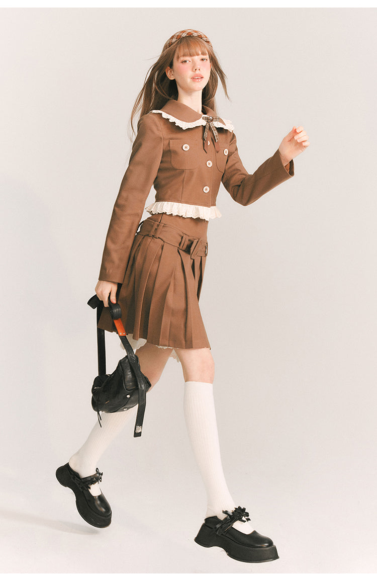 Short Length Frill Neck Jacket & Pleated Skirt Set-Up