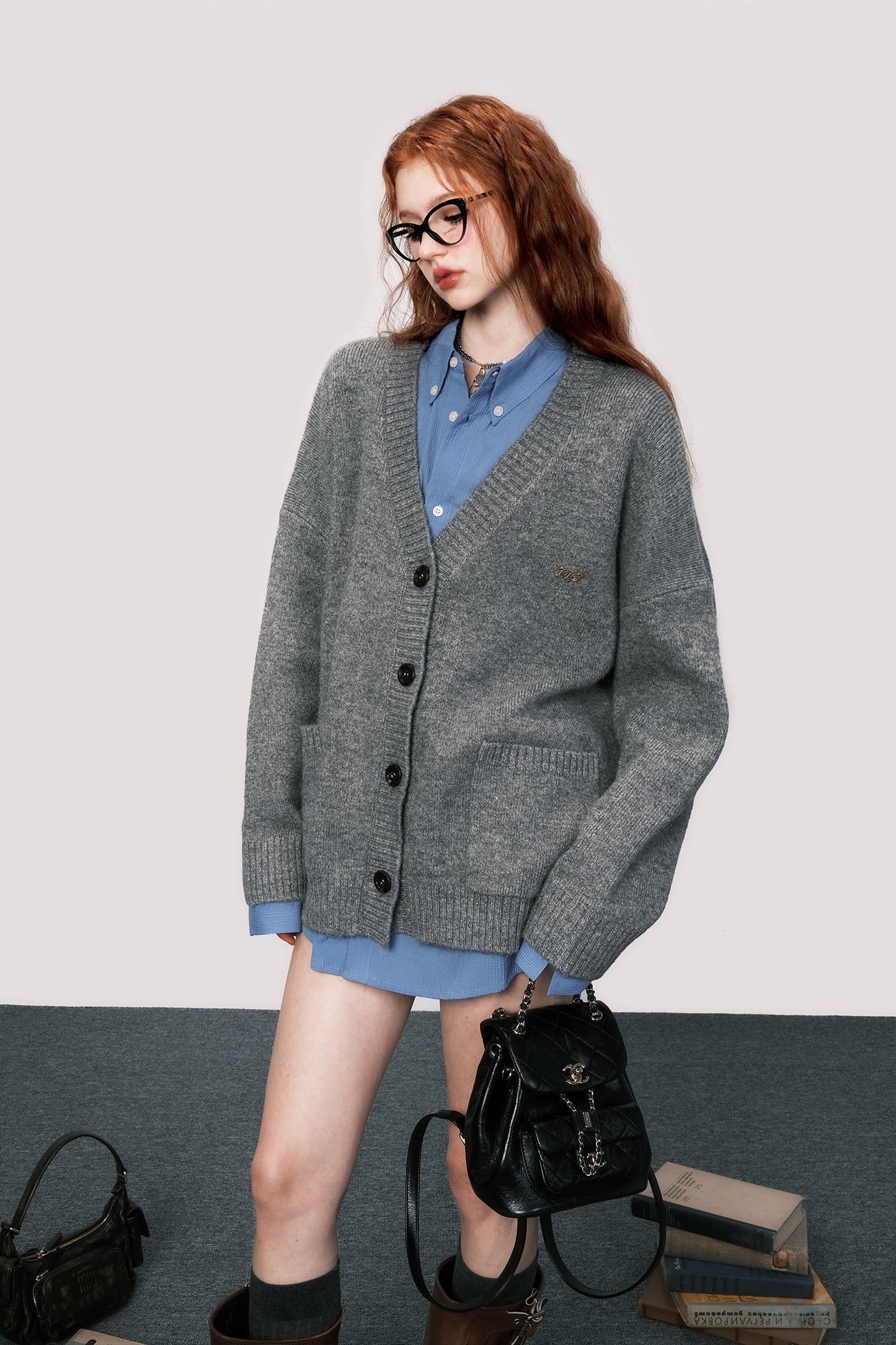 High-end gray wool knit cardigan