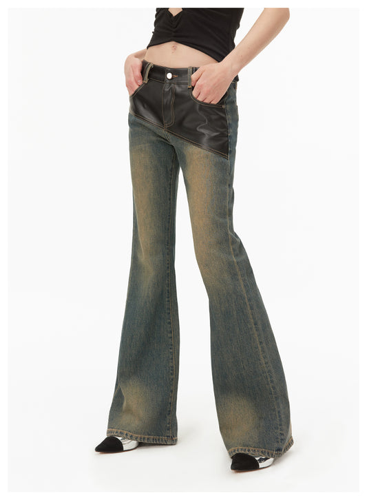 Slim fit washed retro leather flare pants