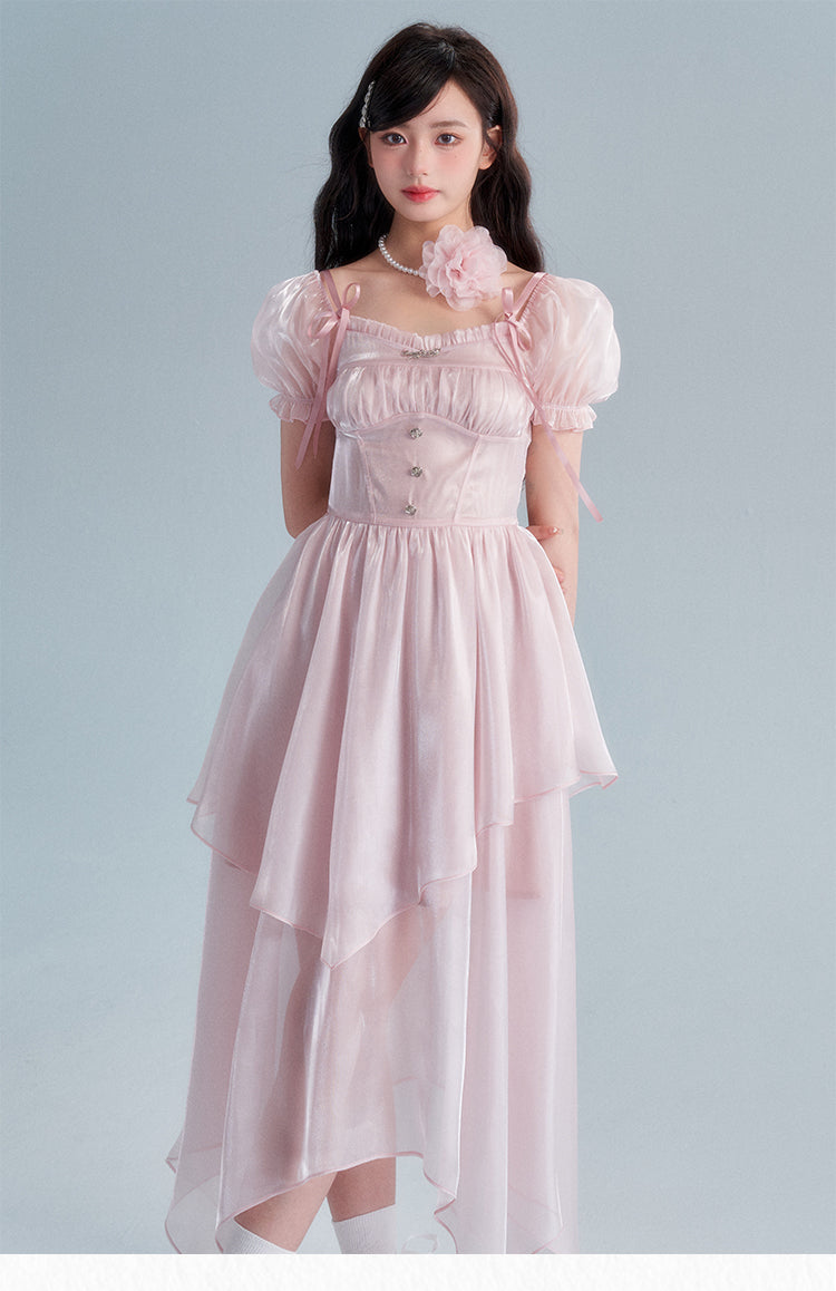 Pink Square Neck Puff Sleeve Long Dress