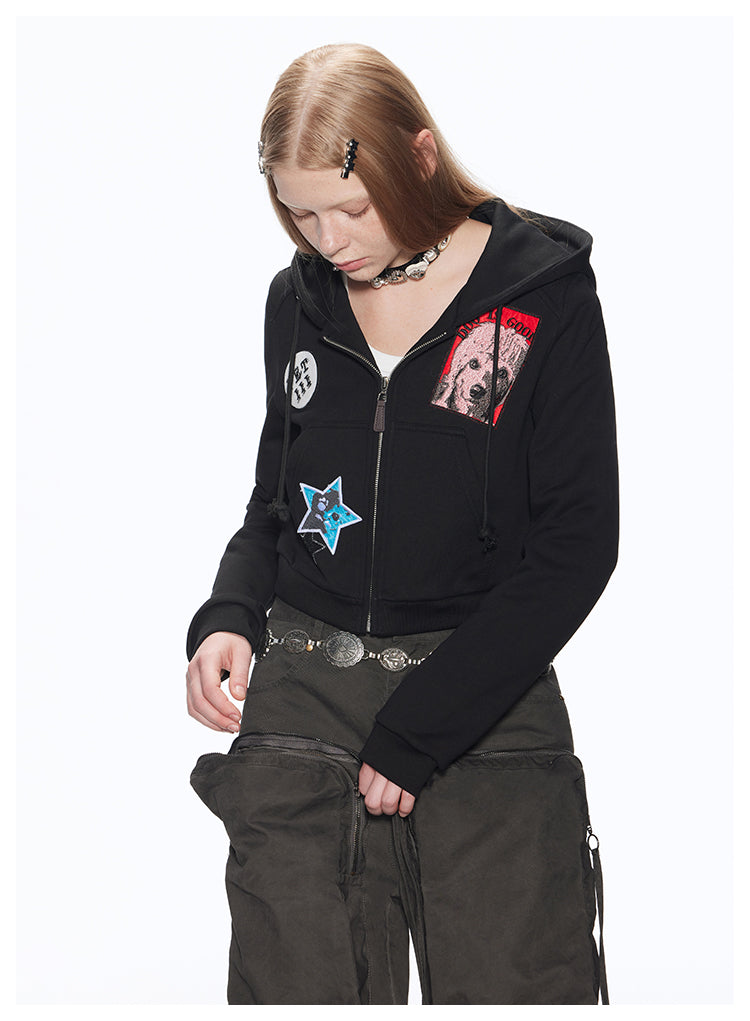 Short length zip emblem retro hoodie