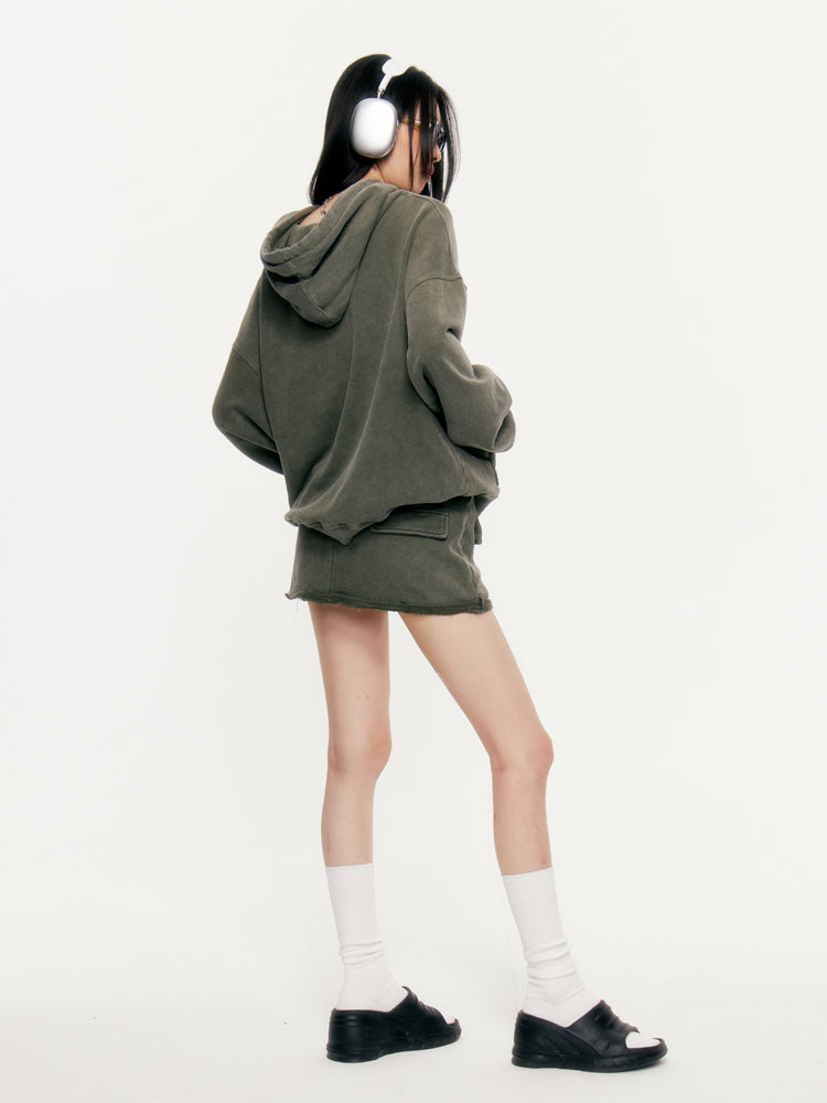 Embroidered Edge Loose Military Green Sweatshirt Setup