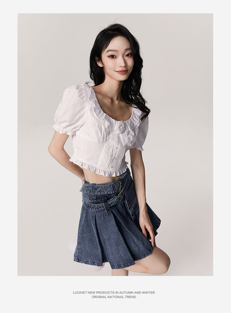 Camellia Love french lace square collar shirt