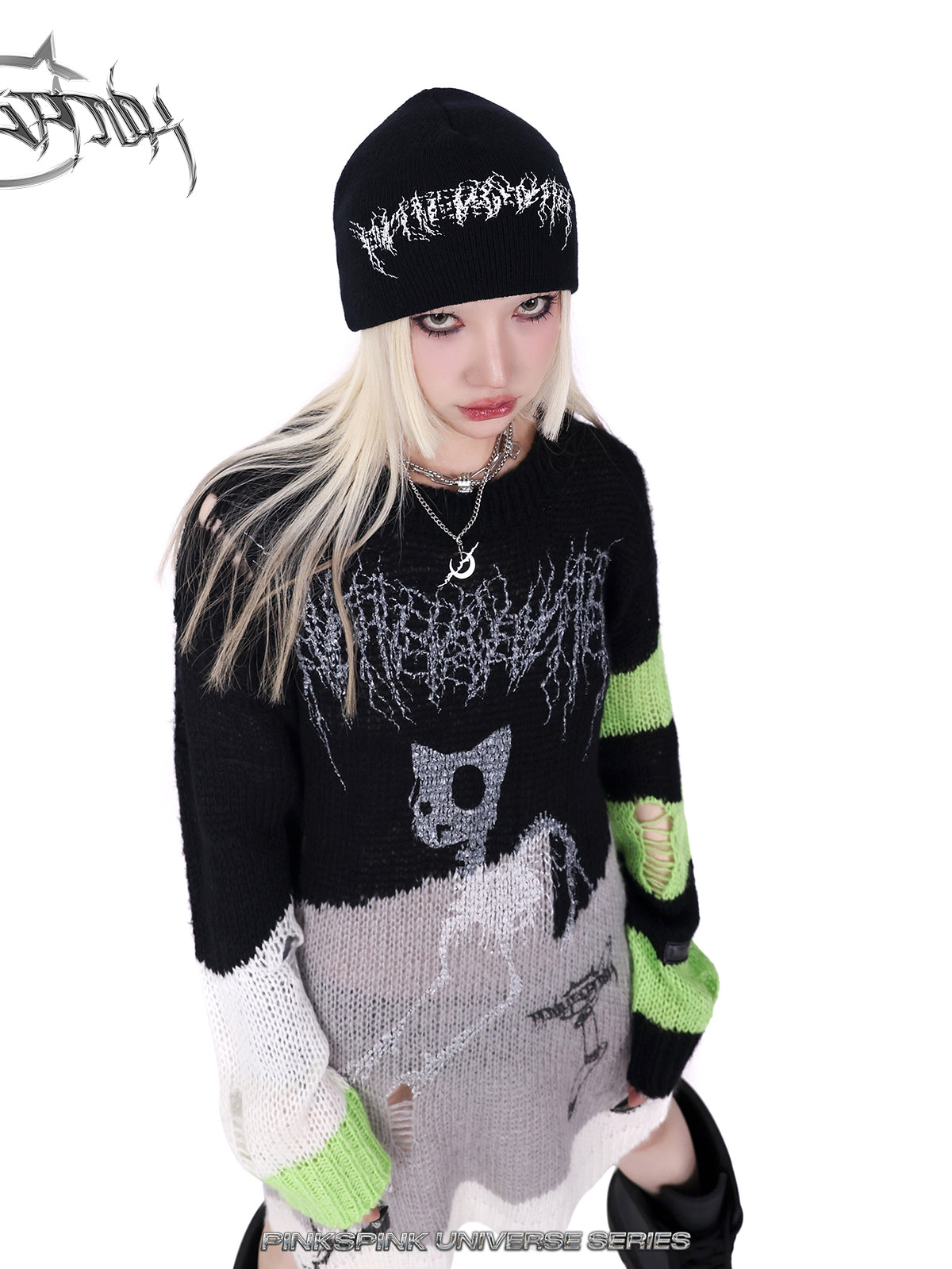 Loose Fit Cat Zombie Pattern Striped Knit