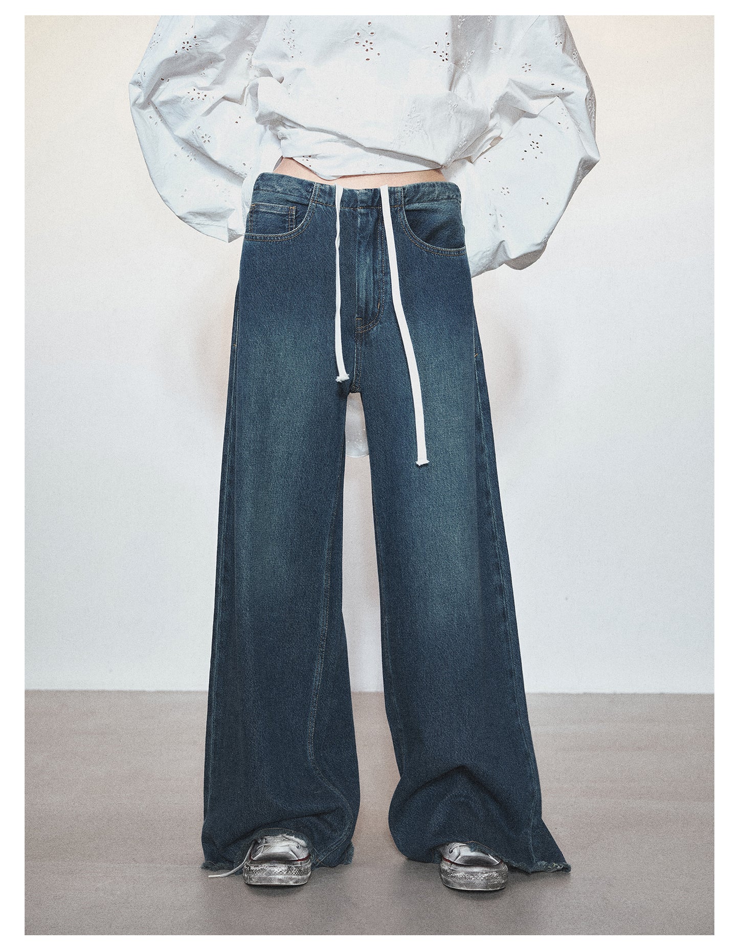 Retro Loose Wide Leg Drawstring Denim Pants