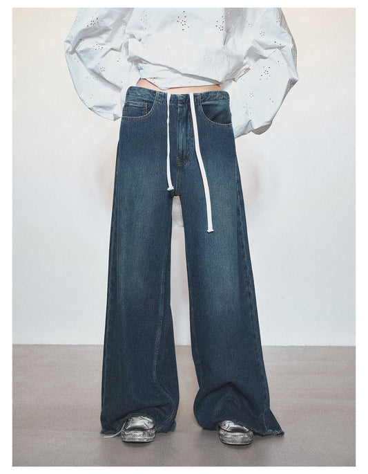 Retro Loose Wide Leg Drawstring Denim Pants