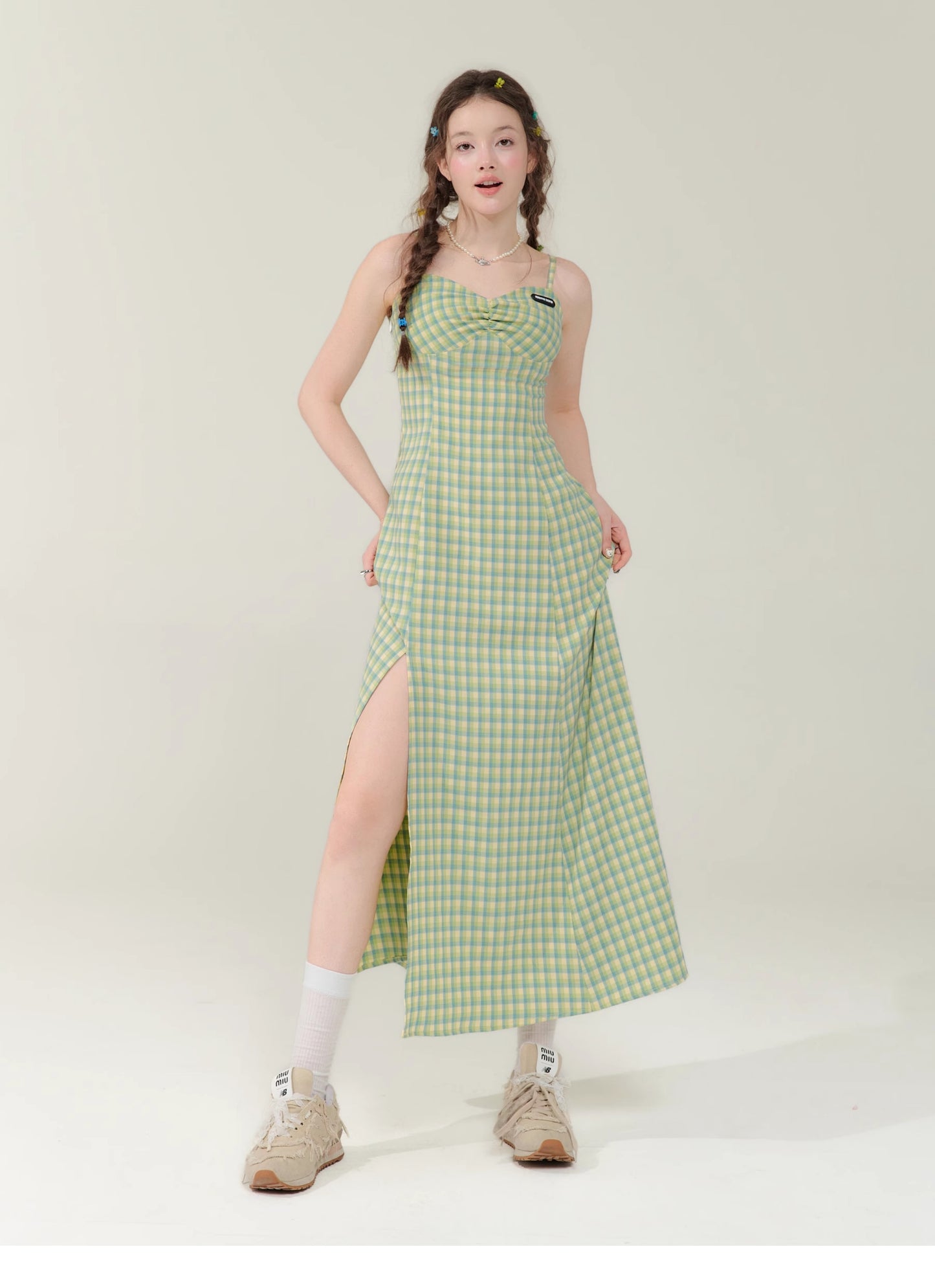 Retro Check Pattern Slit Dress