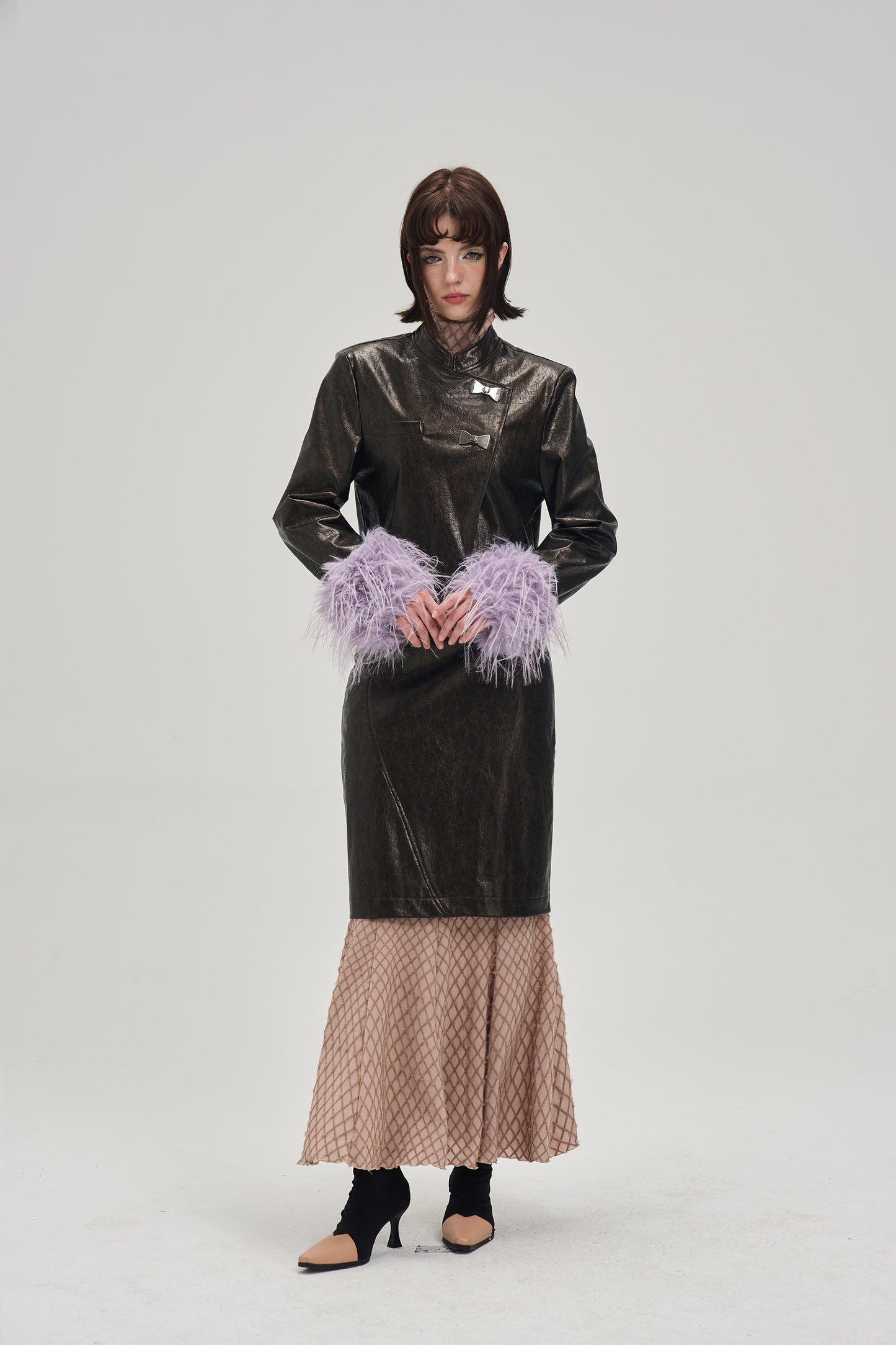 Fur short length leather jacket & fur long length leather skirt