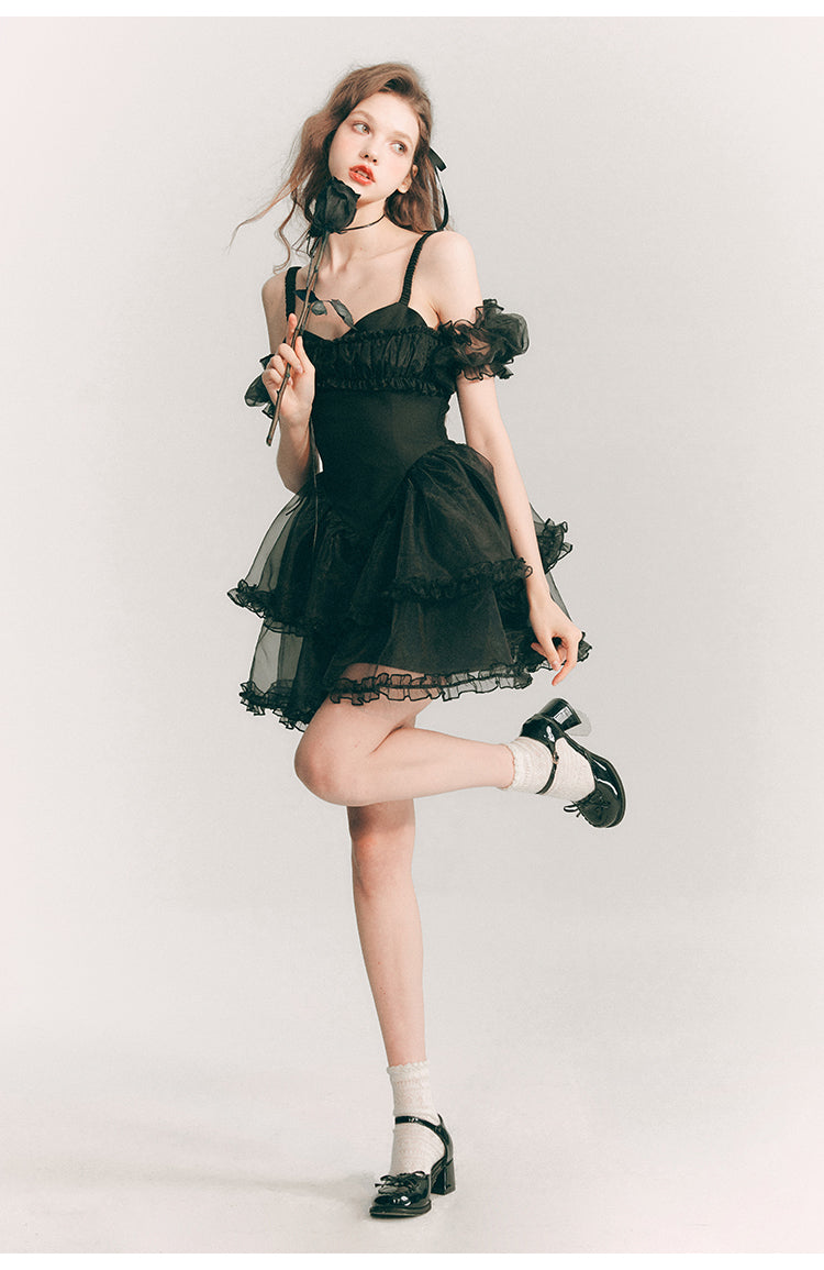 Frill Suspender Puff Skirt Short Dress