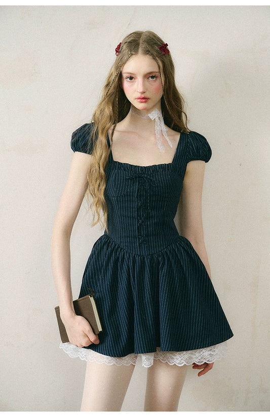 Ribbon Lace Stripe Puff Sleeve Dress