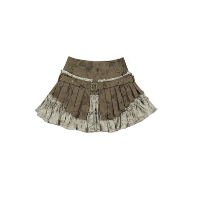 Retro Waist Belt Design Layered Short Length Skirt