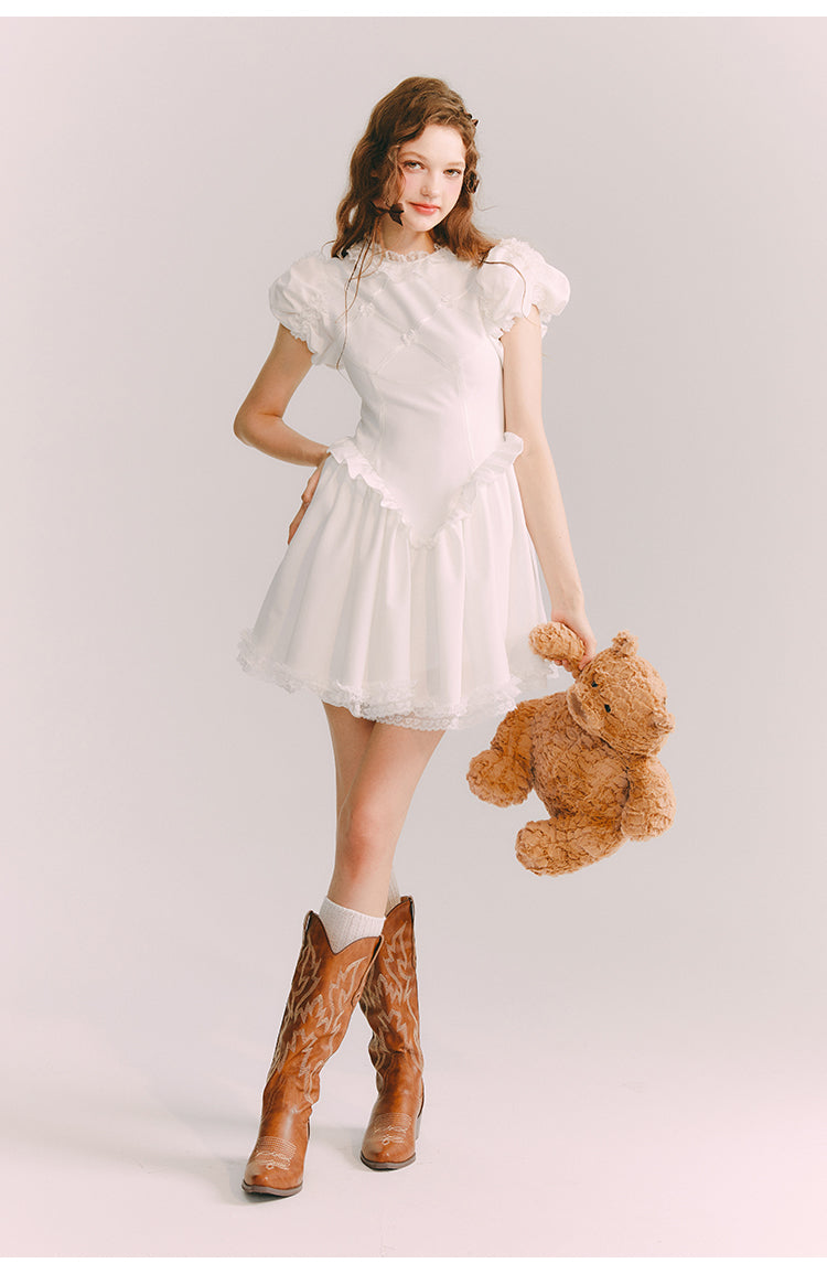 Lace Puff Sleeve Pure Short Length One-piece