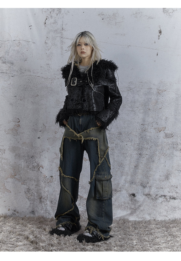 Washed Star Damaged Design Denim Pants