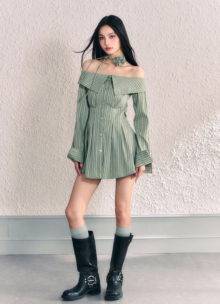 Off-Shoulder Striped Short Length Shirt Dress