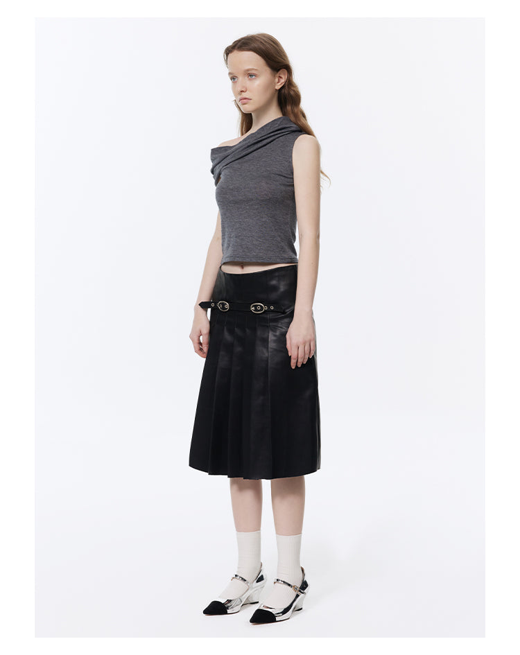 Retro Pleated A-line Leather Skirt