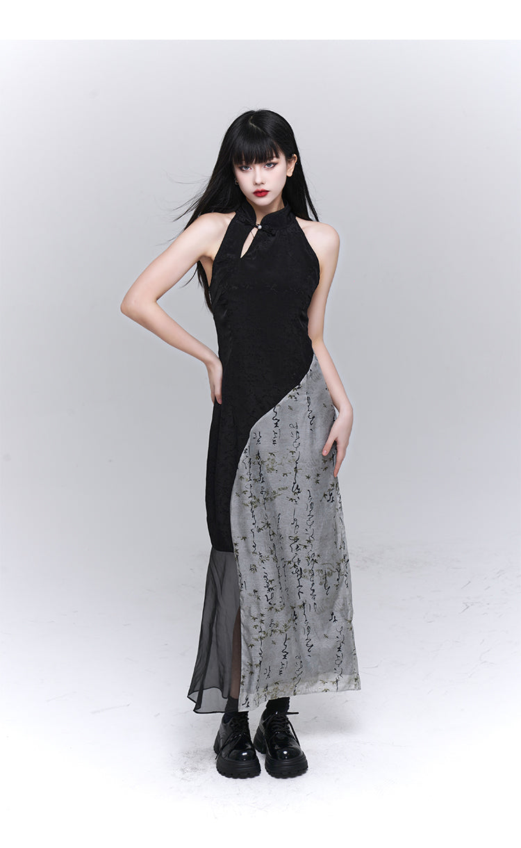 Contrast Color Side Slit Chinese Dress