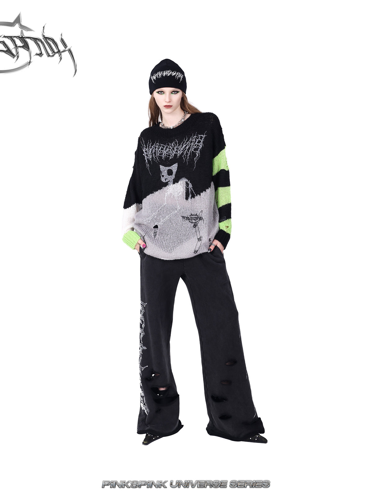 Loose Fit Cat Zombie Pattern Striped Knit