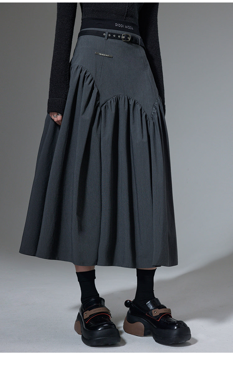 High Waist Stitch Pleated A-Line Long Skirt