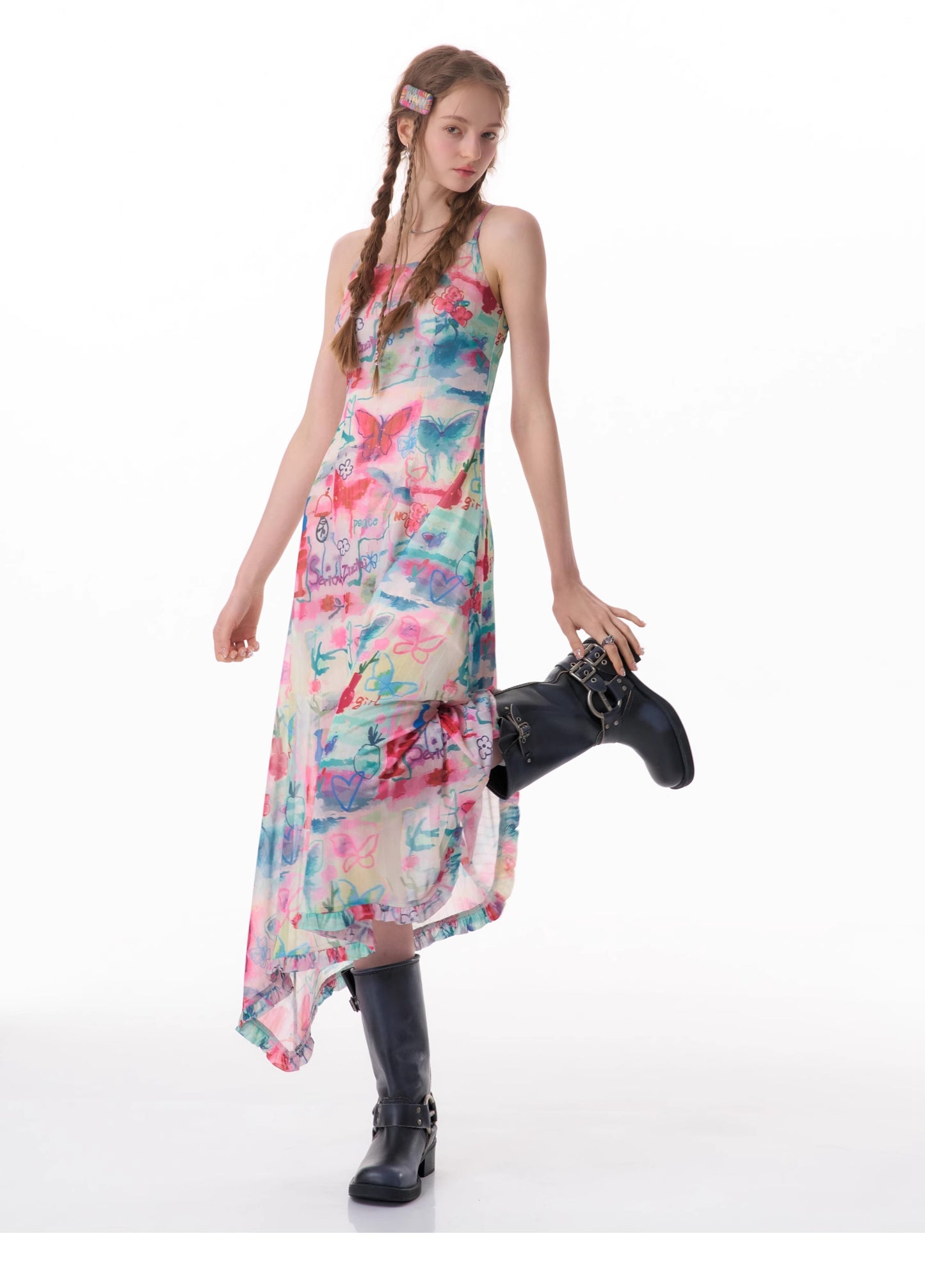 Graffiti butterfly print suspender dress