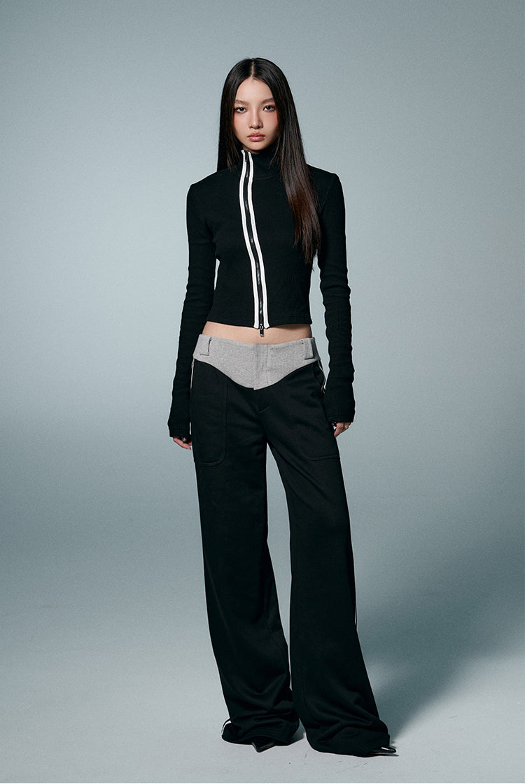 Zip Tight Fit Knit Top&Loose Straight Sideline Sports Pants Setup