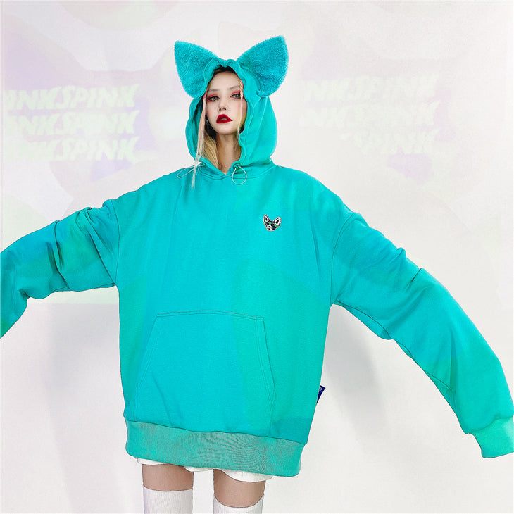 Loose Fit Cat Ear Simple Hoodie