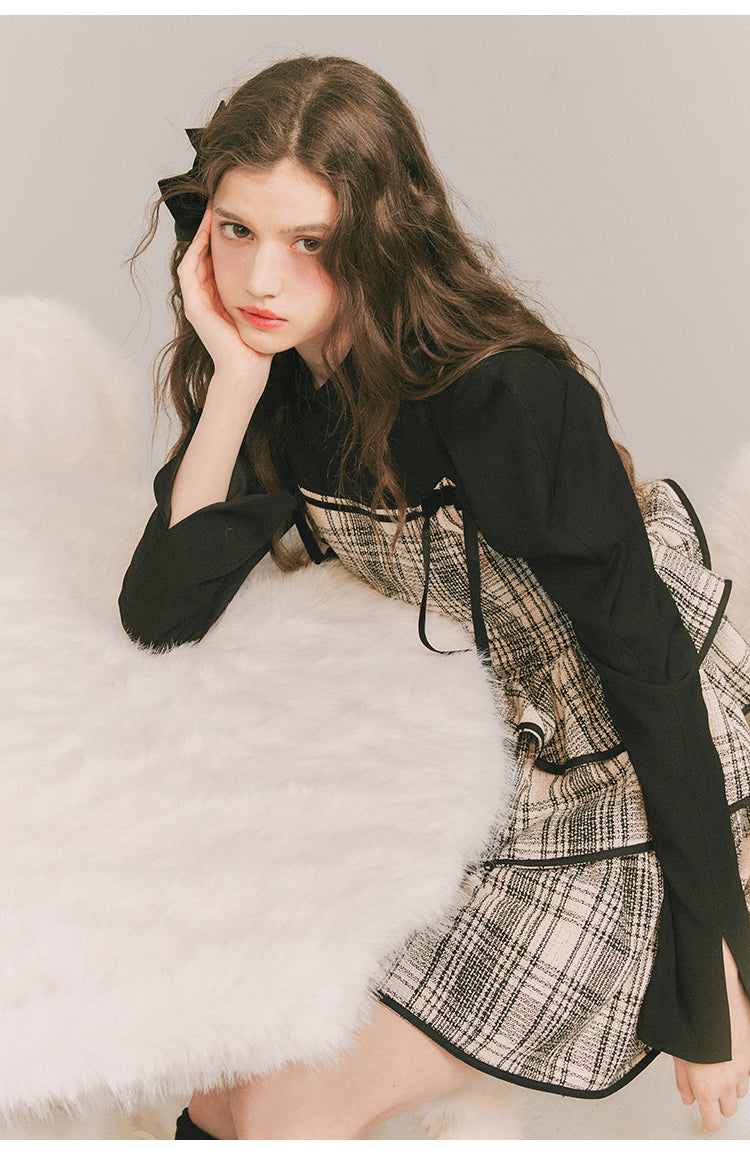 Checkered Shoulder Bow Fake Two-piece Dress