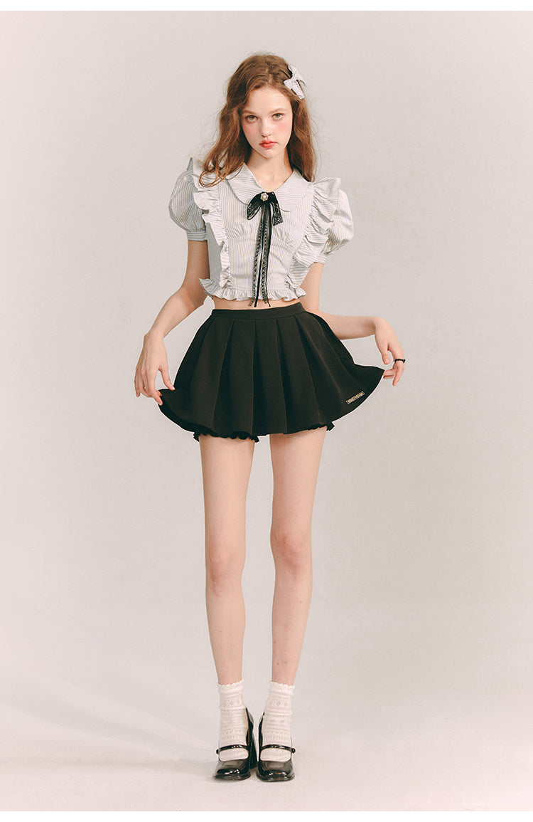 Lace front ribbon slim short length shirt