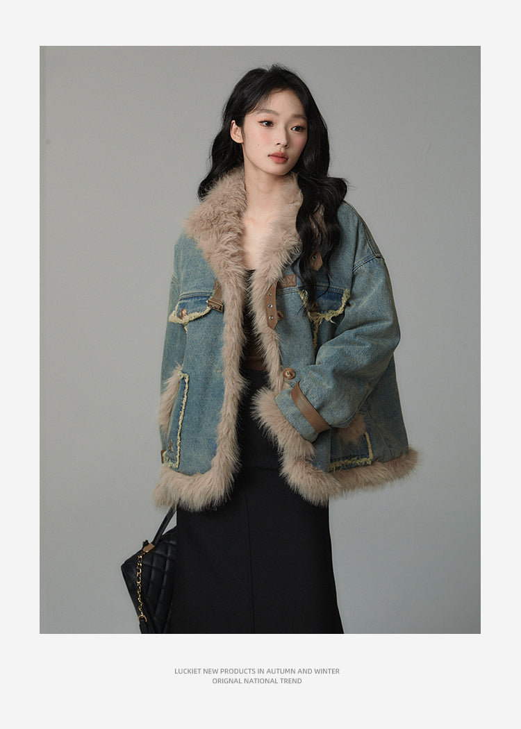 retro fur stitch denim coat