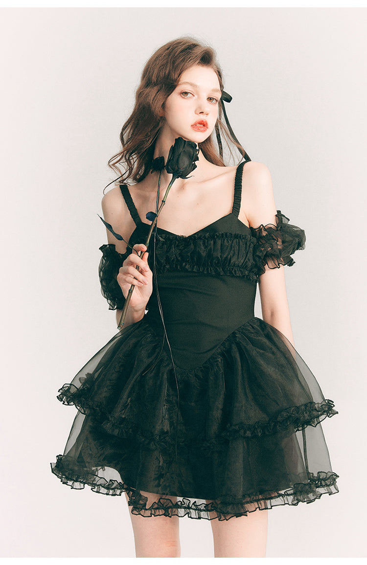 Frill Suspender Puff Skirt Short Dress