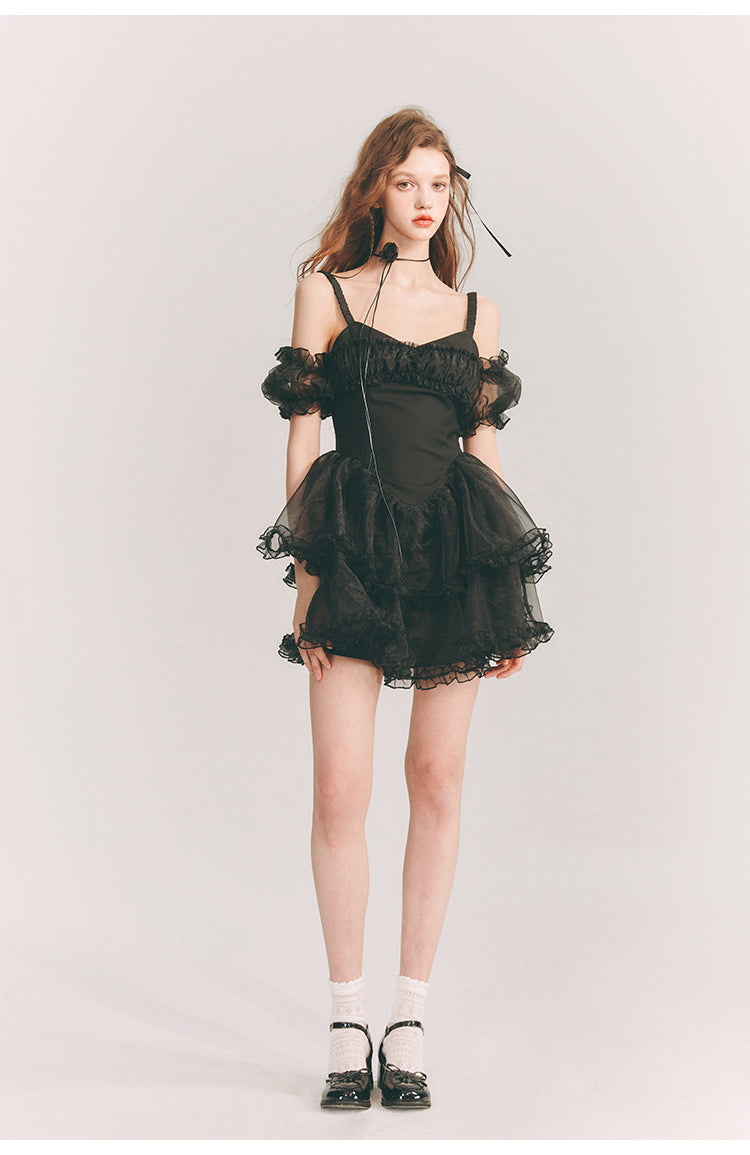 Frill Suspender Puff Skirt Short Dress