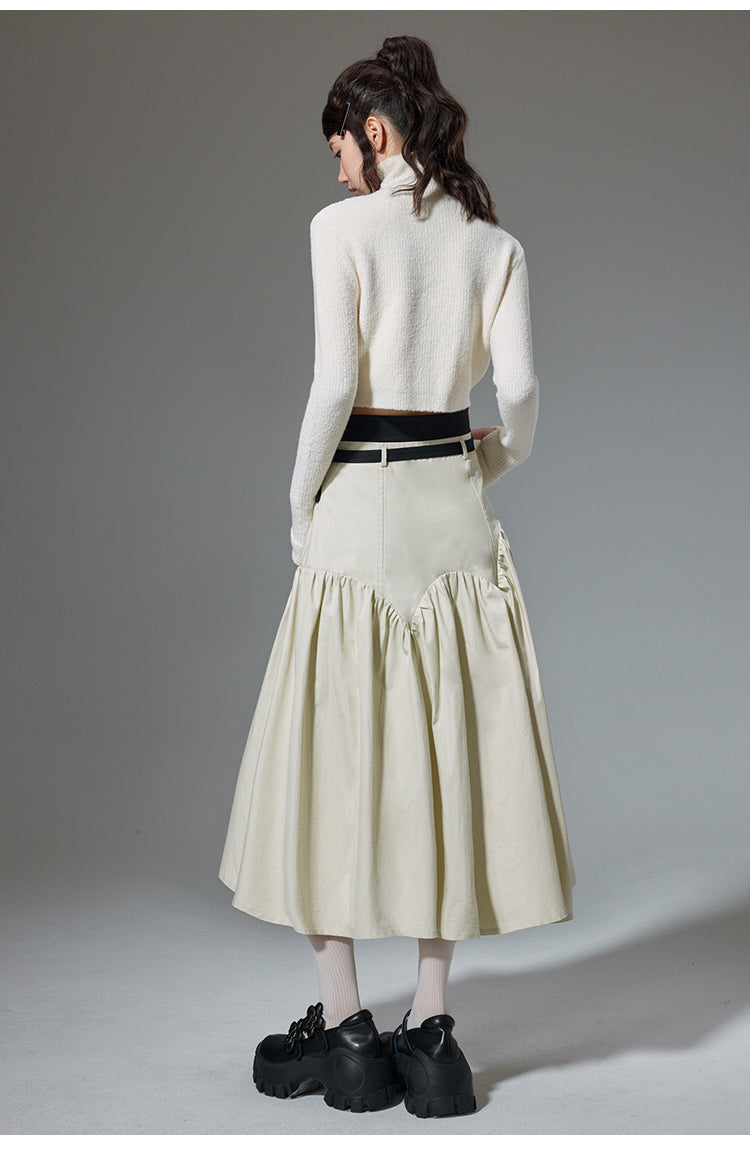 High Waist Stitch Pleated A-Line Long Skirt