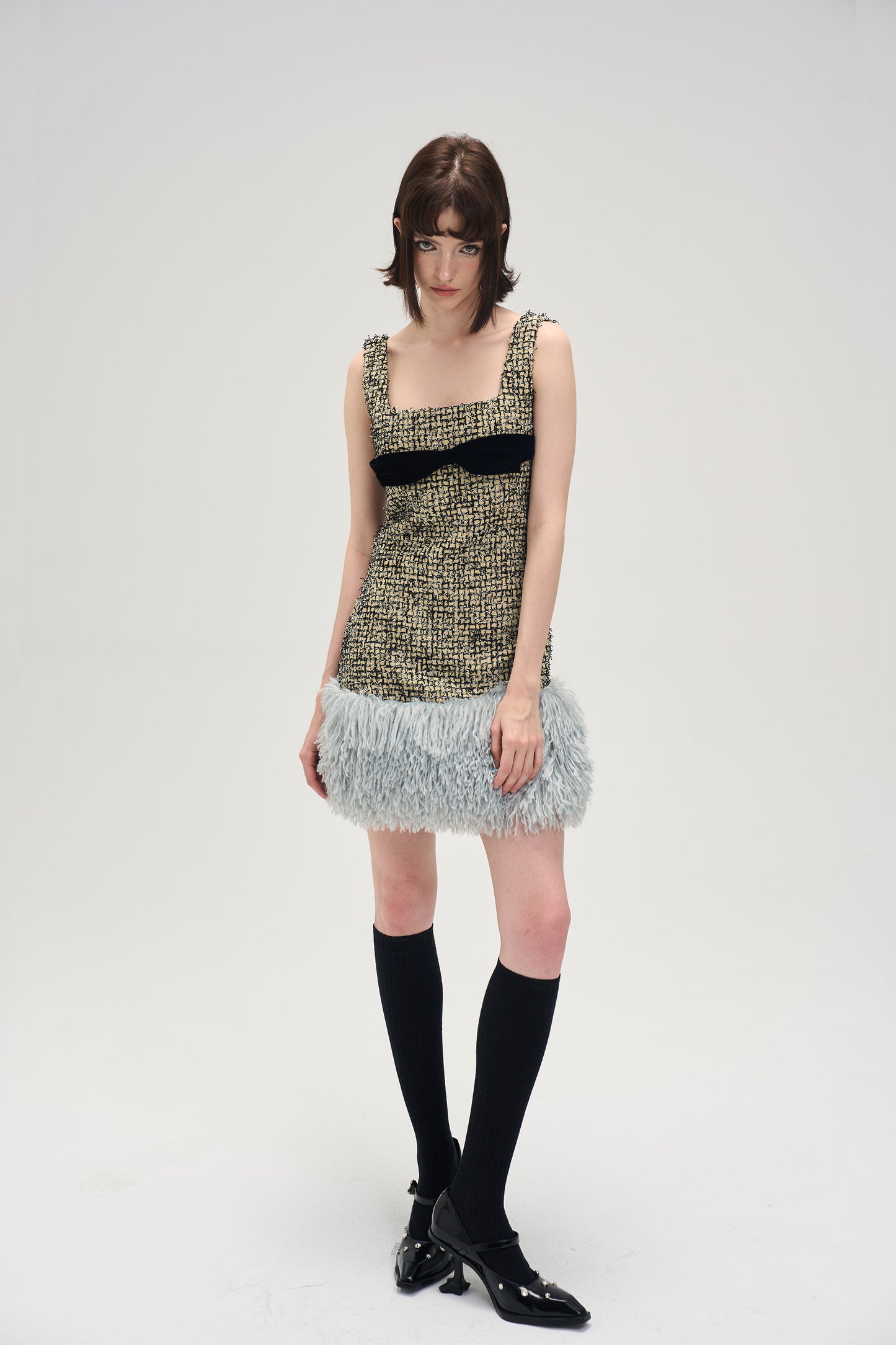 Square Neck Short Length Ribbon Tweed Fur Dress