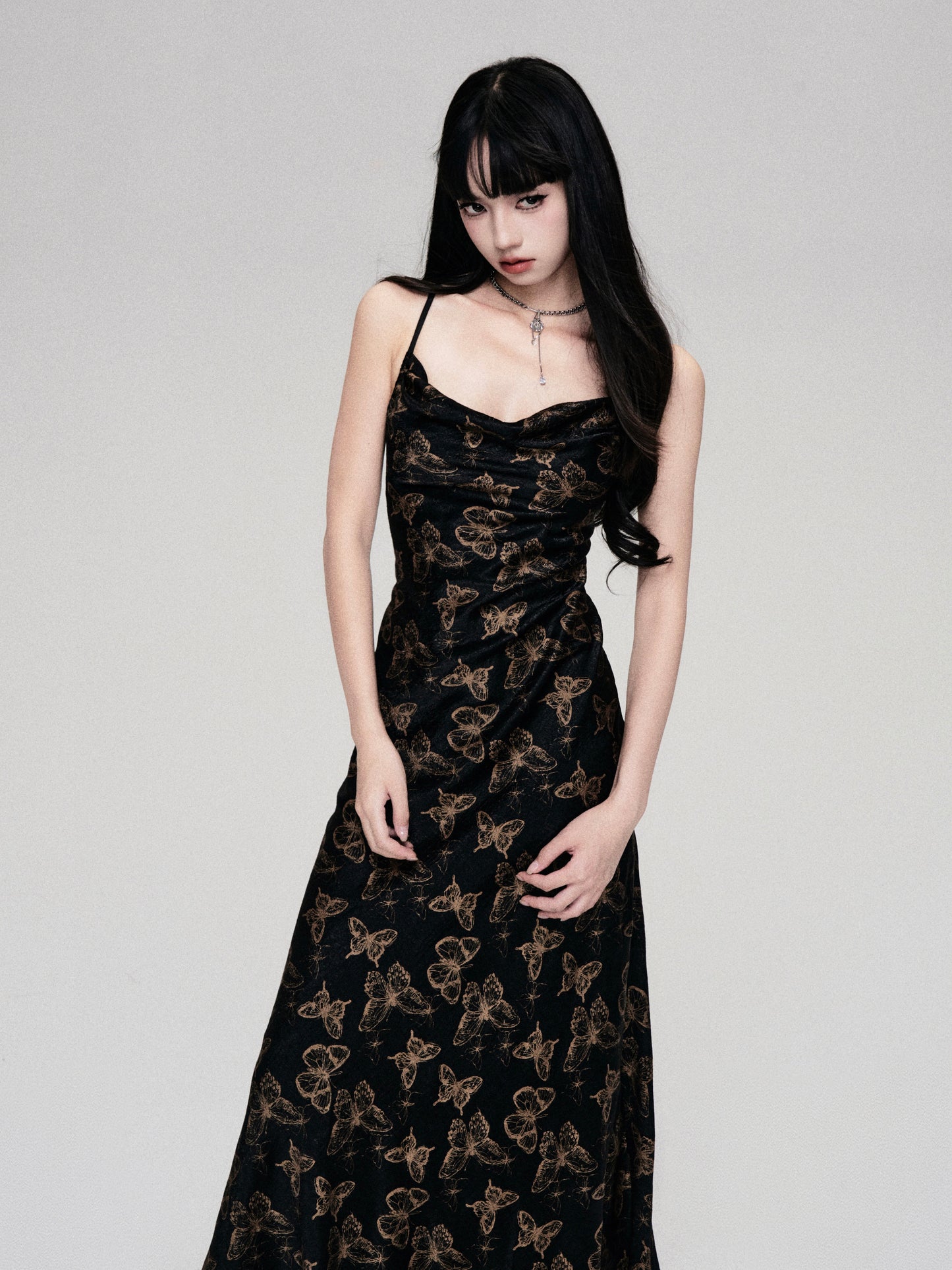 V-Neck Floral Pattern Long Length Suspender Dress